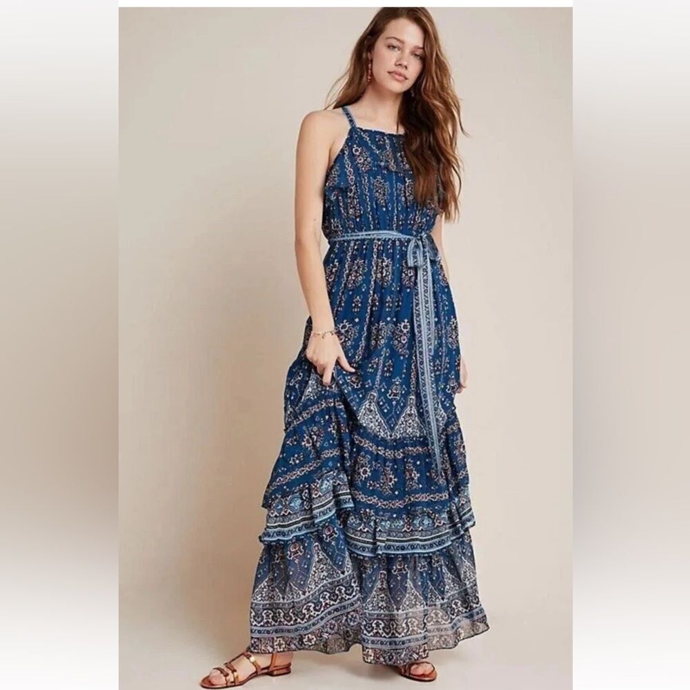 Anthropologie Sasha Ruffled Maxi Dress, a blue bohemian tiered maxi dress SP